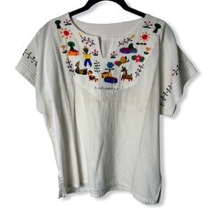 Handmade El Salvador Folk Art Embroidered Blouse Vintage White Cotton One Sz. M